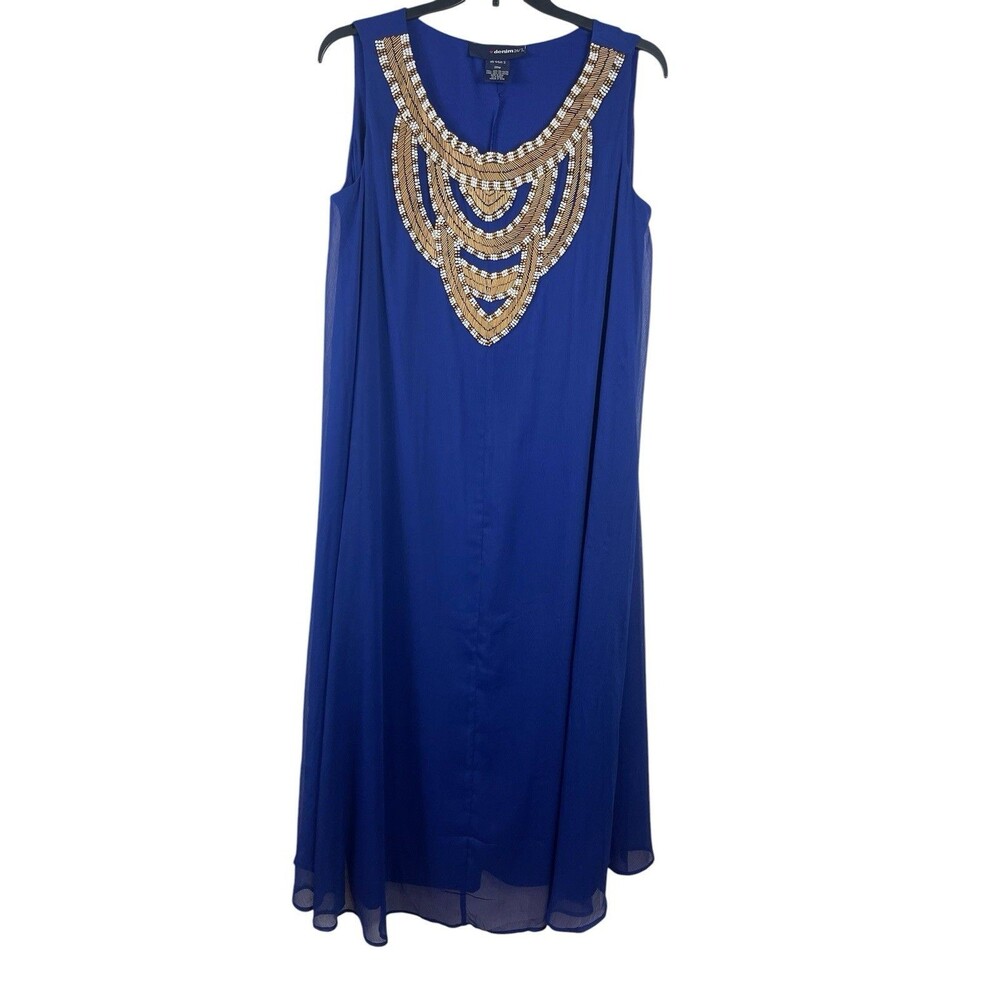 Denim & Co Blue Beaded Sleeveless Shift Dress Plus Size 20W Embellished Midi